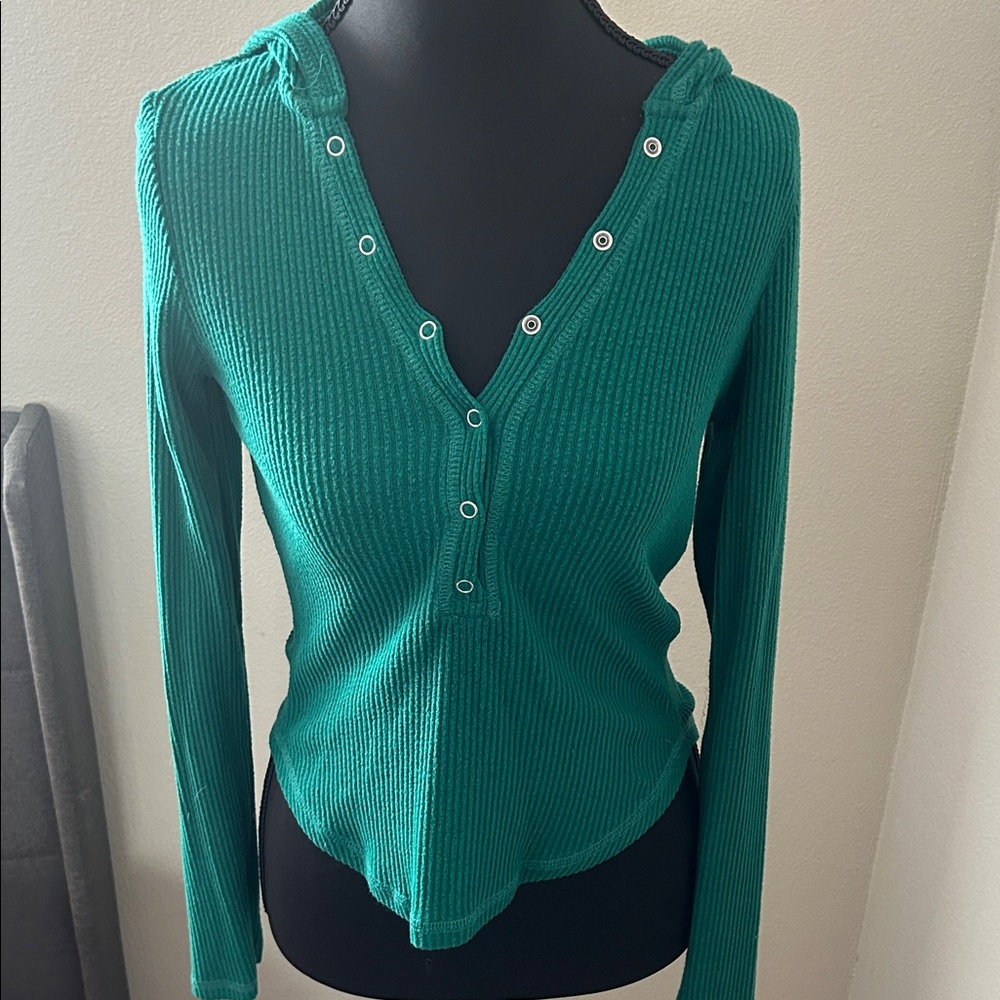 Green Ribbed Long Sleeve Hoodie Top